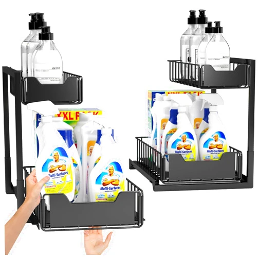 HAIREALM Under Sink Organizer 2 Pack - Pull Out Cabinet Organizer for Kitchen and Bathroom, Metal Organization and Storage Sliding Drawer Shelf for Closet, Laundry & Pantry Storage
