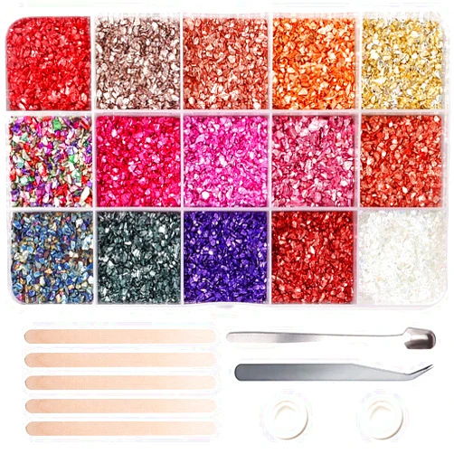 Gacuyi Crushed Glass for Resin Art,Irregular Crushed Glass for Crafts,Fine Glitter for Resin Accessories,15 Colors Broken Metallic Chips Chunky Flakes for Epoxy Resin Supplies