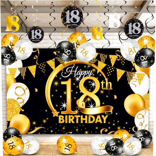 Sumind 58 Pcs Happy 18th Birthday Party Decorations Kit Black Gold Glitter Happy 18th Birthday Backdrop Banner Three Color Balloon 18th Birthday Hanging Swirls for Men Women 18th Party Decorations Supplies