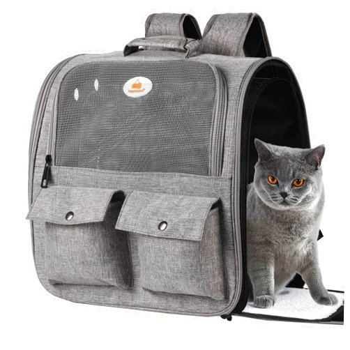 Top tasta Cat Backpack Carrier,Carrying Bag Airline Approved,Ventilated Window Mesh Design,Collapsible & Breathable Shoulder Backpack for Small Cats and Dogs Under 15 Lbs (Grey)