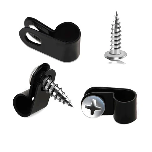 Hariendny 50 PCS Black Cable Clamps 1/4 Inch P-Style Mounting Clips Rope Light Clips Plastic Cable Management Cord Organizer Cable Fastener Wire Clamp with Screws Wire Clips Assortment Kit for Wire Management