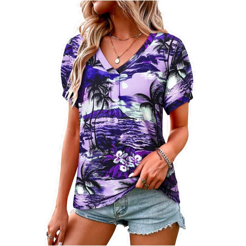 SLEITY Womens Puff Short Sleeve Hawaiian Shirts Floral Tropic Printed Pleated V Neck Summer Casual T-Shirt Trendy Boho Blouses Tops