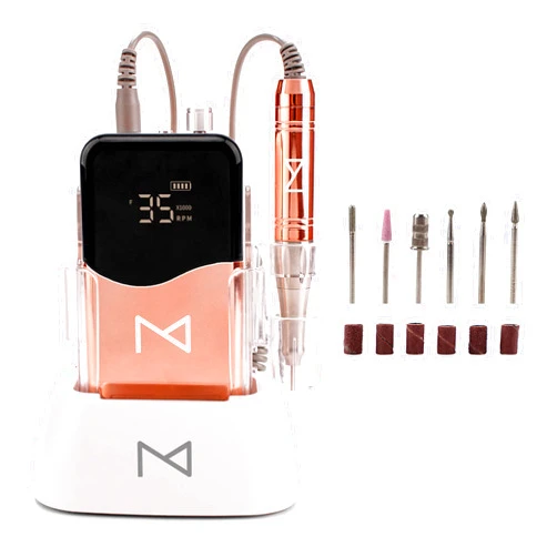 M Mase- Professional Nail Drill Machine - Coreless 2-in-1 Nail File - Electric, Nail Drill Cordless, 35000 RPM, HD Display - Electric Nail Drill for Professional & Home Use (Metallic Gold)