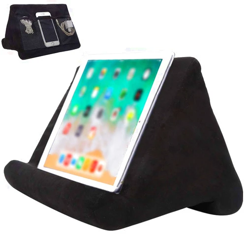 Souleden Tablet Soft Pillow Stand with Mesh Storage Pockets Multi-Angle Soft Bed Pillow Holder Lap Stand for Tablets Readers Books Magazines Kindle Black