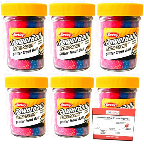 Lurwind Berkley PowerBait Combo Glitter Trout Dough Bait Bundle - 6-Pack with Rigging Guide - Versatile Floating Trout Nibble for Freshwater & Saltwater - Premium Trout Fishing Baits & Attractant