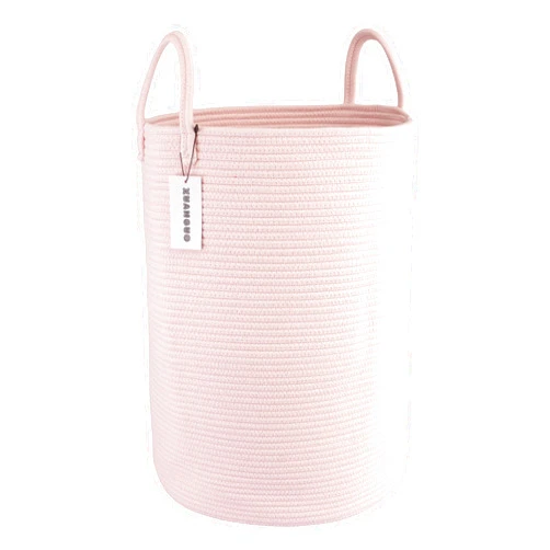 XUANGUO Cotton Rope Laundry Basket Hamper for Clothes Woven Storage Basket for Living Room Bedroom Boho Tall Rope Baskets for Blanket Toys Pillow Towels Baby Nursery Hamper Bin Large light pink