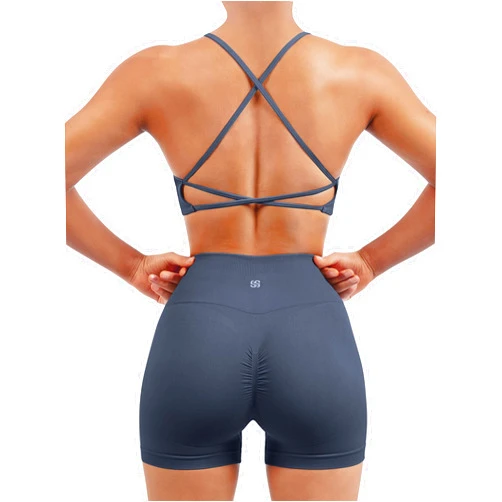 SUUKSESS Women Seamless Workout Sets Strappy Sports Bra High Waist Booty Shorts Outfits