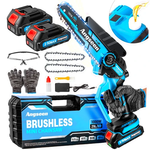 Angseen Mini Chainsaw 6 Inch,1000W Brushless Motor Electric Chainsaw Cordless with 4000mAh Batteries & Auto Oiler-System, Small Chainsaw Battery Powered for Tree Branches Trimming Wood Cutting