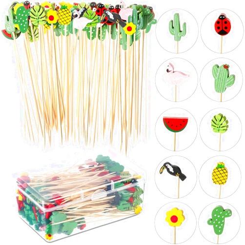 Patelai 200 Pieces Cocktail Picks, 4.7 Inch Hawaii Fruit Sticks Bamboo Toothpick Flamingo, Palm Leaves, Cacti, Watermelon, Pineapple Design for Luau Hawaii Beach Party Supplies Food Garnish Skewers