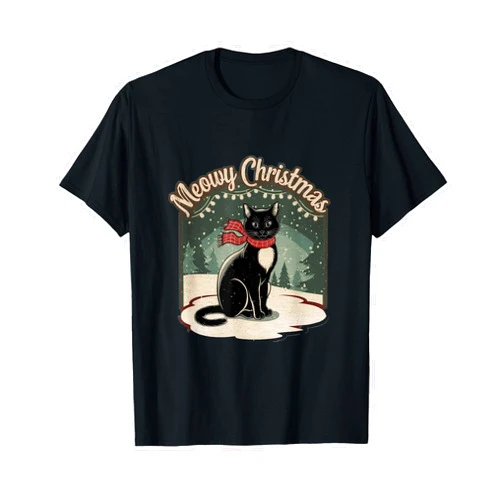 Purrfectly Cozy Family Christmas Pajamas Meowy Christmas Cat Family Pajamas for Holiday Fun kitten T-Shirt - Unisex Kids & Adults - Black - Short Sleeve - Crew Neck - Size Small