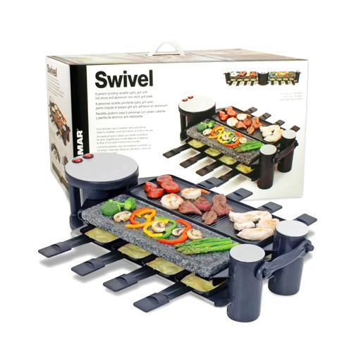 Swissmar Swivel 8-Person Raclette Table Grill with Cast Aluminum & Granite Stone Grill Top - Indoor Electric Raclette Grill for BBQ Bonding & Family Gatherings