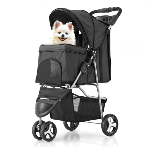 MoNiBloom Foldable Pet Stroller with Weather Cover, 3 Wheels Pet Strolling Cart for Small/Medium Dogs and Cats with Storage Basket and Cup Holder, Breathable and Visible Mesh for All-Season, Black