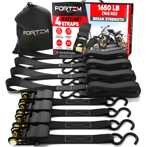 FORTEM Ratchet Straps (4), 1650lb Break Strength, 15ft Tie Down Strap, 4 Soft Loops, Motorcycle Straps Tie Downs, Cargo Straps for Trucks, Metal Hooks