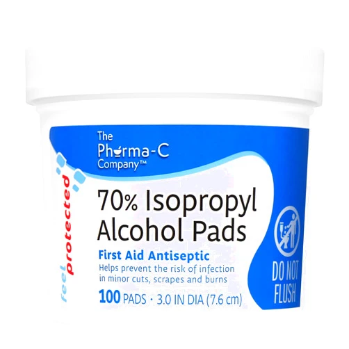 Pharma-C-Wipes The Pharma-C Company 70% Isopropyl Alcohol Pads [100 count]. First Aid Alcohol - Antiseptic Wipes - Extra Large - Alcohol for minor cuts, scrapes and burns.