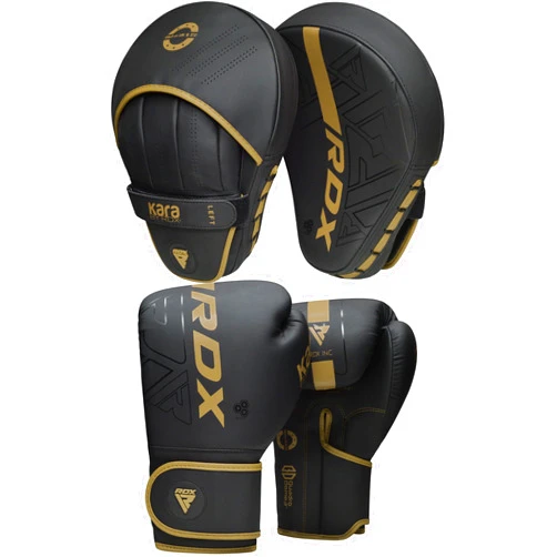 RDX Boxing Pads and Gloves Set, Maya Hide Leather Kara Hook and Jab Curved Focus Mitts with Punching Gloves for MMA, Muay Thai, Kickboxing Coaching, Martial Arts