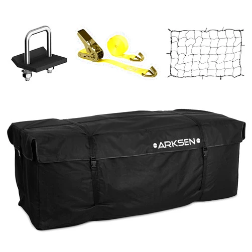 ARKSEN Waterproof Roof Cargo Bag for Truck SUV Vans with/Without Rack - Include Net, Heavy Duty Stainless Steel Hitch Tightener, Anti-Rattle Stabilizer, 16Ft Straps