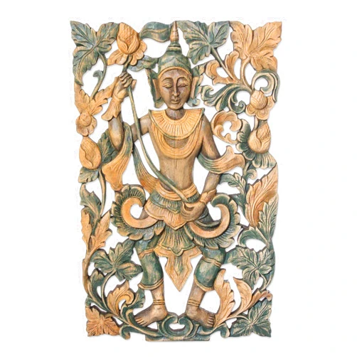 NOVICA Artisan Handmade Teak Relief Panel Wood Thailand Wall Decor Cultural Hinduism Buddha [17.5in H x 11.5in W x 0.8in D] 'Forest Spirit'