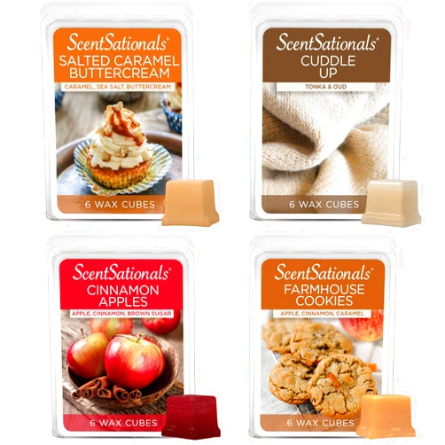 Scentsationals Fall Wax Melts Home Sweet Home 4pk – Long Lasting, Strong Scent Melts for Warmers, Includes Cuddle Up, Cinnamon Apples, Salted Caramel Butter Cream & Farmhouse Cookies, 10oz (24 Cubes)