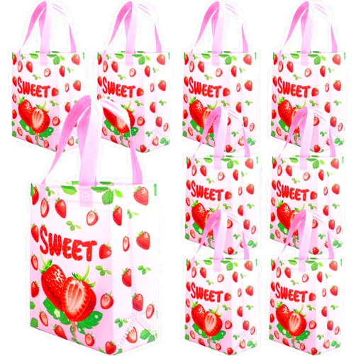 Keioy Strawberry Party Favors 16 Pack - Reusable Non-Woven Gift Bags with Handles, Pink Candy Containers for Baby Shower Wedding Birthday Decorations