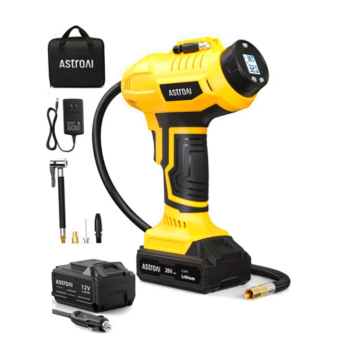 AstroAI Cordless Tire Inflator Air Compressor 20V Rechargeable Battery Powered 160PSI Portable Air Pump with 12V Car Power Adapter Digital Pressure Gauge for Cars Motorcycles JY16P160-18（C2）Yellow