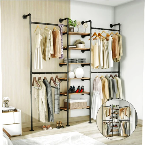 HKaikzo Industrial Pipe Clothes Rack, DÉCOR Wall Mounted Clothing Rack, for Walk-in Wardrobe Multi-Purpose Storage Clothes Hanging Shelf, 2 Installation Methods