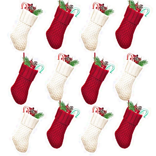 LimBridge Christmas Mini Stockings, 12 Pack 7 inches Knit Knitted Rustic Stocking Decorations, goodie Bags for Family Friends, Cream Burgundy