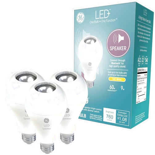 GE LED+ Speaker Light Bulbs, Bluetooth Speaker with Remote, 9W, Soft White, A21 (3 Pack)