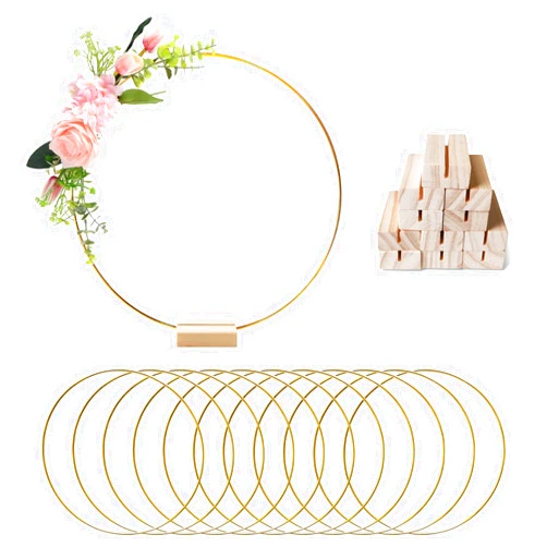 Nufiwra 12Pack 12Inch Large Metal Floral Hoops Centerpiece, Centerpiece Table Decoration for Table with 12PCS Wood Place Holder Stands, Wreath Macrame Gold Hoop Ring for DIY Wedding Table Decor Dream Catcher
