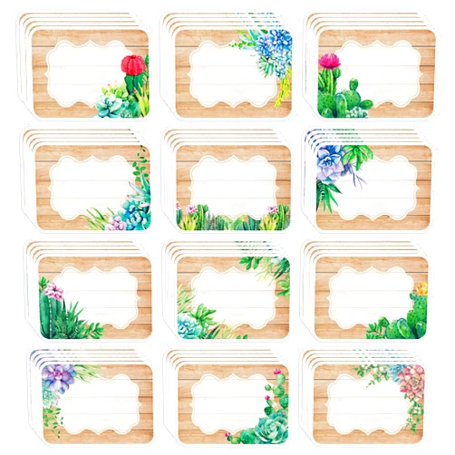 Whaline 120Pcs Cactus Succulent Cutout Name Tag Stickers 12 Designs Rustic Nameplate Stickers Classroom Bulletin Board Decoration Label Stickers for Summer Office Back to School Decor,10 Sheet