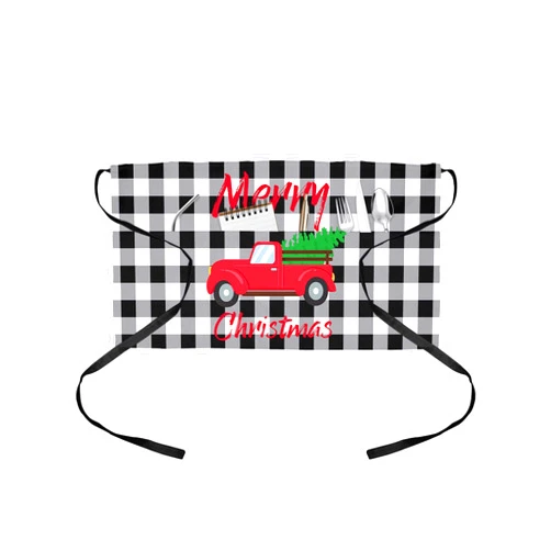 DecorLovee Christmas Red Truck Waitress Apron with 3 Pockets, Xmas Tree Black White Plaid Server Aprons Waterproof Kitchen Restaurant Half Waist Apron for Men Women