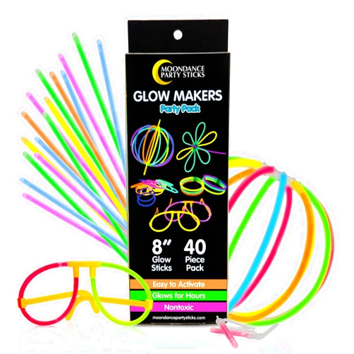 PartySticks Moondance Glow Sticks and Connectors - 40pk Glow in The Dark Party Favors with 16 Glow Sticks Party Decorations and 24 Connectors for Light Up Glasses, Glow Necklaces, Glow Bracelets