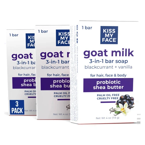Kiss My Face Goat Milk 3-in-1 Bar Soap, With Probiotic and Shea Butter, Fortifies and Hydrates, For Hair, Face and Body, Blackcurrant and Vanilla, Cruelty Free and Palm Oil Free, Pack of 3
