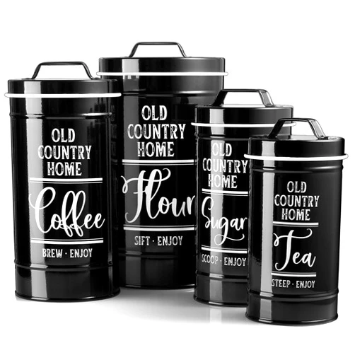 DAYYET Black Canisters Sets for the Kitchen, Airtight Kitchen Canisters for Countertop, Flour and Sugar Containers, Tea Coffee Sugar Canister Set, Black Kitchen Decor and Accessories, Set of 4