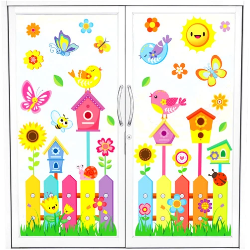 Whaline 6 Sheets Spring Summer Window Clings Cartoon Flower Birds Butterfly Window Decals Double-Sided Seasonal Floral Garden Fence Window Decor for Shop Office School Decor