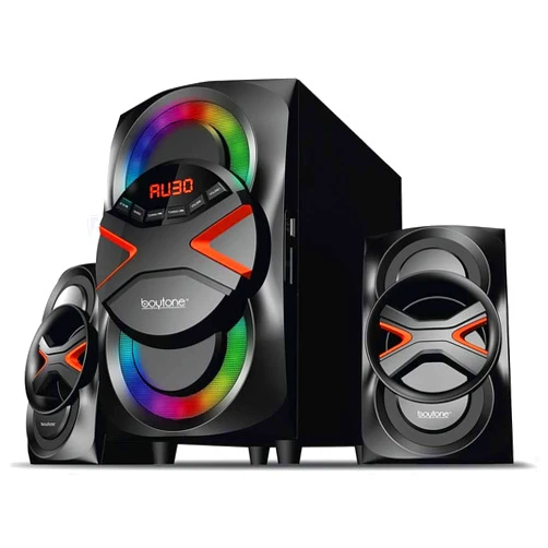 Boytone BT-626F, 2.1 Bluetooth Powerful Home Audio Speaker System, FM Radio, SD Slot, USB Ports, 54 Watts, Disco Lights, Remote Control, for Smartphone, Tablet. 110/220V
