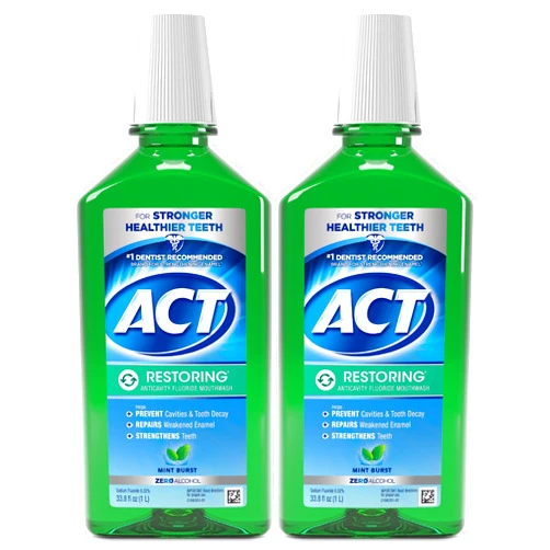 ACT Restoring Anticavity Fluoride Mouthwash with Zero Alcohol, Repairs Enamel & Strengthens Teeth, Mint Burst, 33.8 fl. oz., 2 pk