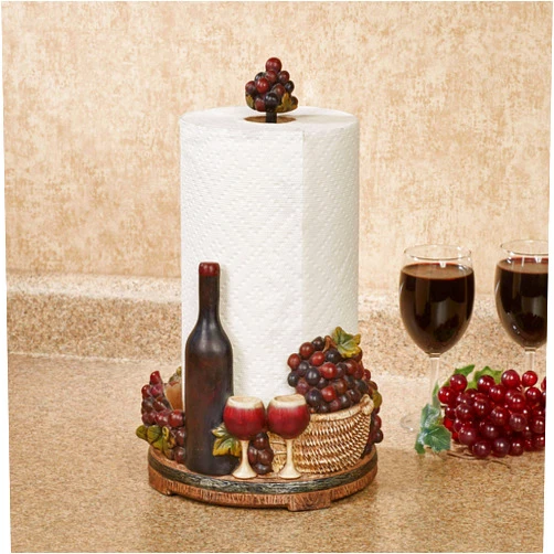Touch of Class Wine Picnic Paper Towel Holder - Resin - Purple, Green, Brown - Tuscan Style Decor - Grape Design - Themed Paper Towels Holders for Kitchen - Painted by Hand
