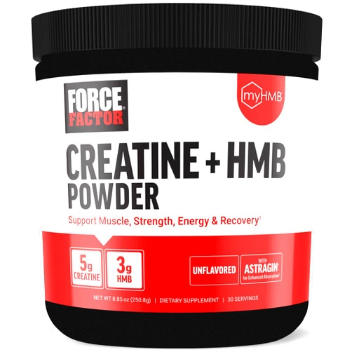 Force Factor Creatine HMB, 5g Creatine Monohydrate Powder, 3g myHMB, Support Muscle, Strength, Energy & Recovery, with AstraGin for Enhanced Absorption, ~30 Servings, Unflavored Powder