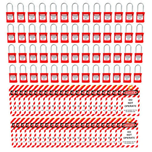 Goppli Lockout Tagout Locks Set - 50 Red Safety Padlocks Keyed Differently, Loto Locks with Plastic Shackle and 50 Lockout TagOut Tags for OSHA Compliant Lock Out Tag Out
