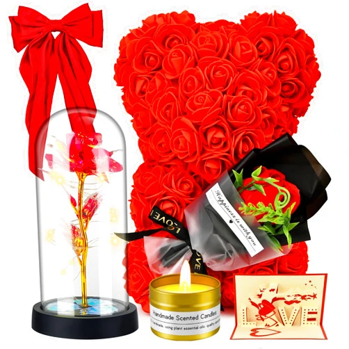 Jibeufi 6 in 1 Romantic Valentines Day Gifts for Her, Flower Rose Bear Birthday Gifts for Girlfriend Women Mom Kids Daughter, Wedding Gifts, Valentines Day Decor Sex Teddy Bear for Women (Rose Red)
