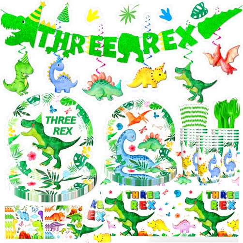 Yingoto 164pcs Three Rex Birthday Decorations Boy Tableware, 3 Rex Birthday Decorations Boys Include Dinosaur Birthday Plates Three Rex Banner Tablecloth etc, Dinosaur 3rd Birthday Decorations for Boys