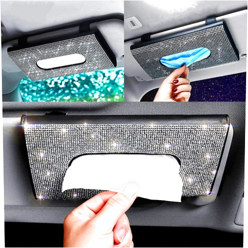 Guoord Perfect Valentine's Day Gift for Her, Sparkling Luxury Car Sun Visor Tissue Box Holder - Handmade PU Leather with Bling Crystal Rhinestones, Glitter Napkin Box with Refills, Decorate Your Car