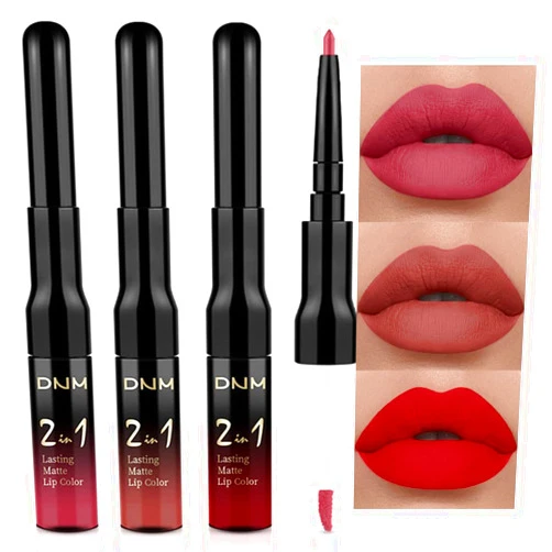 evpct 3Pcs Ruby Red Nude Pink Mauve Matte Liquid Lipstick and Lip Liner Stain Sets for Women DNM Long Lasting 24 Hours Stay on Matte Lipstick labiales matte larga duracion 24 mate 24 horas originales
