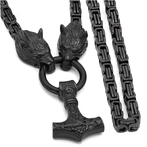 WDBAYXH Thor's Hammer Black Pendant Double Fenrir Wolf Head Heavy Black King Chain Necklace,Handmade Norse Viking Stainless Steel Mjolnir Amulet Scandinavian Celtic Jewelry