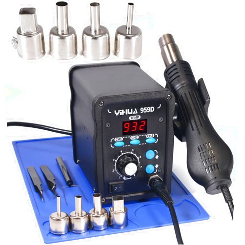 YIHUA 959D Professional Hot Air Rework Station bundle with #2300 Hot Air Nozzles with Work Mat, Tweezers, and Accessories (13 Items)