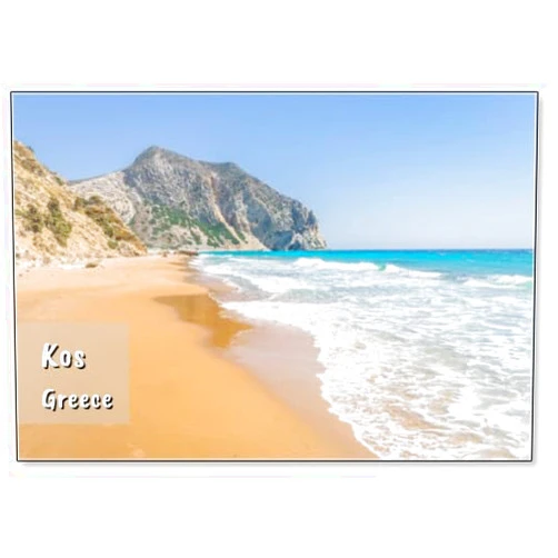 Photomagnet Beautiful Sunny Coast View to The Greek Mediterranean Blue Sea with Crystal Clear Water and Pure Sandy Beach Empty Place with Some Mountains Rocks Surrounded, Kos, Dodecanese Islands, Fridge Magnet