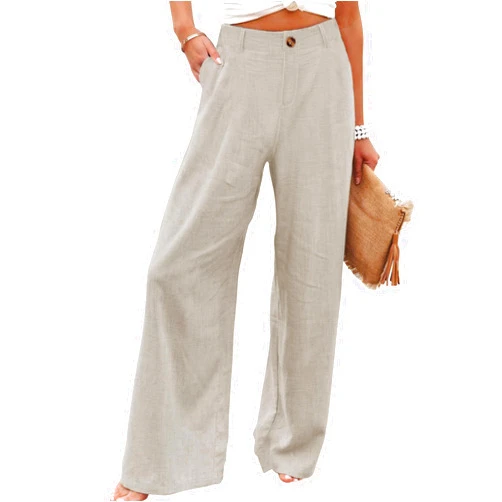 Hooever Womens Cotton Linen Pants Casual Button Up High Waisted Wide Leg Trousers