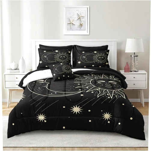 Merryword 8 Pieces Sun and Moon Bed in a Bag Black Psychedelic Mystic Galaxy Comforter Set Queen Size Bohemian Universe Galaxy Bedding Comforter Set for Boys Girls Women