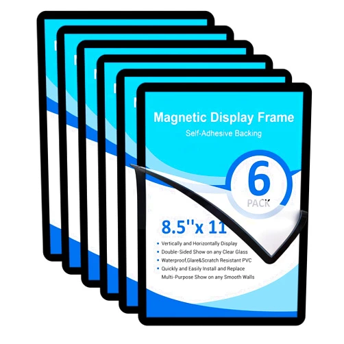Towjug Self-Adhesive Magnetic Sign Holder, 8.5 x 11 Movable Sticky Document Frame for Glass Windows, 6 Pack Black Magnet File Window for Certificate Poster Flyer Picture with Adhesive Backing