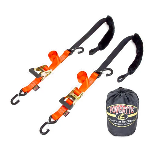 PowerTye 1.5in x 7ft Rubber Handle Ratchet Straps with SHEEPTEX Synthetic Sheepskin Soft-Tye w/Heavy Duty Latch-Hooks - 1,200 lb. WLL / 3,600 lb. Breaking Strength - Made in USA, Orange (Pair)